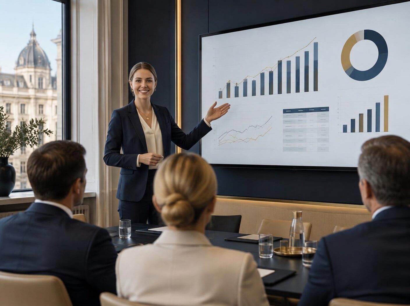 Këshilltar financiar duke prezantuar performancën e biznesit në ekran të madh